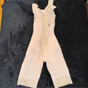 Beige Full-Body Faja Shapewear Bodysuit with Lace Trim
